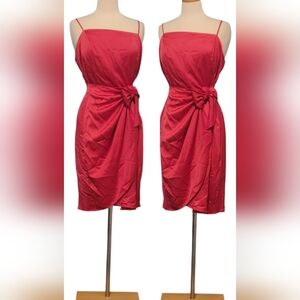 Ninewest Satin Strawberry  Wrap Spaghetti Strap Side Tie Zip Midi Dress